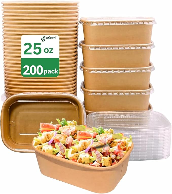 25 oz Disposable Bowls with Lids, 200 Sets Kraft Paper Bowls Square, Disposable Meal Prep Food Container with Sealing Lid, Microwave Safe Leakproof is Perfect for Party Lunch Hot Soup
