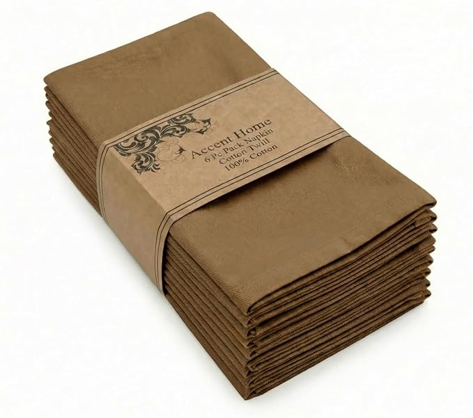 Accent Home 100% Cotton Napkins, Delicate Cloth Napkins for Dinners, Parties and Weddings，18 x 18 Inch Set of 6 - Brown