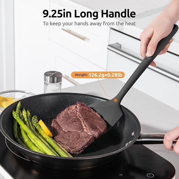 600ºF Heat Resistant Silicone Turner: U-Taste 13.6in Solid Kitchen Spatula Flipper, Food Grade Flexible & Thin Rubber Seamless Cooking Utensil for Flipping Egg, Pancake in Nonstick Cookware (Black)
