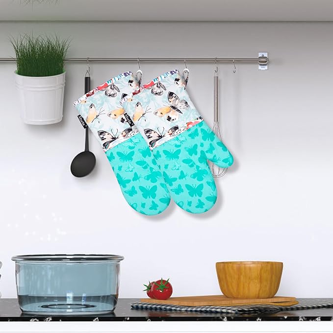 Alselo Oven Mitts, Heat Resistant with Soft Quilted Cotton Lining Set of 2, Fashion Design with Silicone Printing Anti-Slip Kitchen Gloves, Safe Backing Cooking Barbecue (Turquoise, Butterfly)