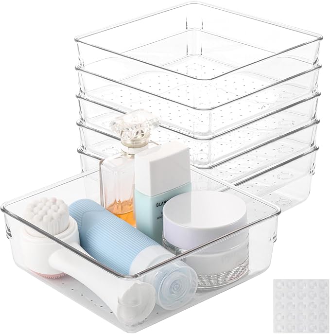 Ohlove 6 Pcs Large Clear Plastic Drawer Organizers Tray 6" x 6" Storage Bins with 25 Pcs Non-Slip Pads for Makeup, Jewelries, Kitchen Utensils, Bathroom and Office