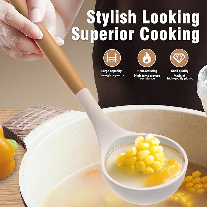 Silicone Cooking Utensils Set - AVGPD Silicone Kitchen Utensils for Cooking Wooden Handles, 446°F Heat Resistant Kitchen Utensil Spatula Sets w Holder, Gadgets for Non-Stick Cookware BPA FREE (Khaki)