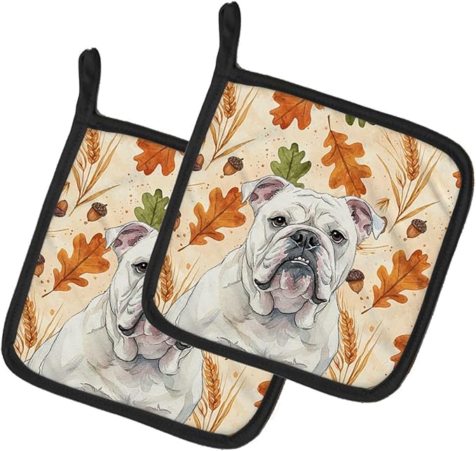 Caroline's Treasures White English Bulldog Heirloom Fall Pair of Pot Holders Pair 7.5x7.5 Quilted Insulated Hot Pads Decorative Kitchen Gift Made in USA