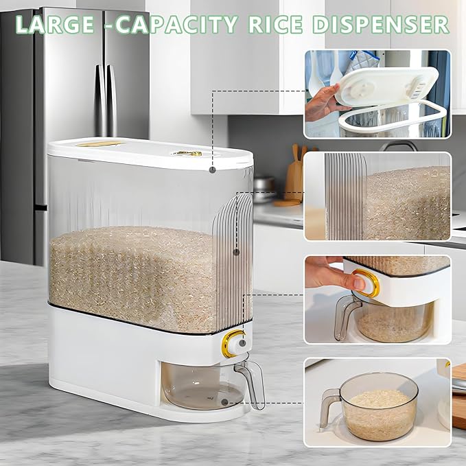 Rice Storage Container 10kg, Clear Food Grain Dispenser with Date Dial & Measuring Cup, Space-Saving Organizer for Rice, Cereal, Pet Food, Pasta