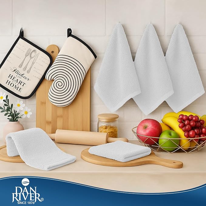 DAN RIVER Kitchen Bar Mops,Pack of 12,16 by 19 Inches,100% Cotton Super Absorbent,Multi-Purpose Cleaning Towels for Home and Kitchen Bars-White