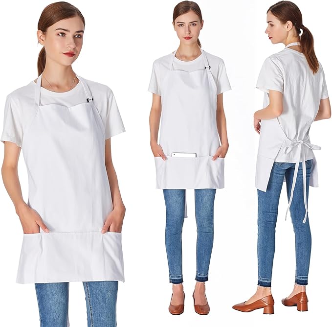 Jubatus 2 Pack 3 Pockets 100% Cotton Adjustable Bib Apron Chef Kitchen Cooking Aprons for Women Men, White