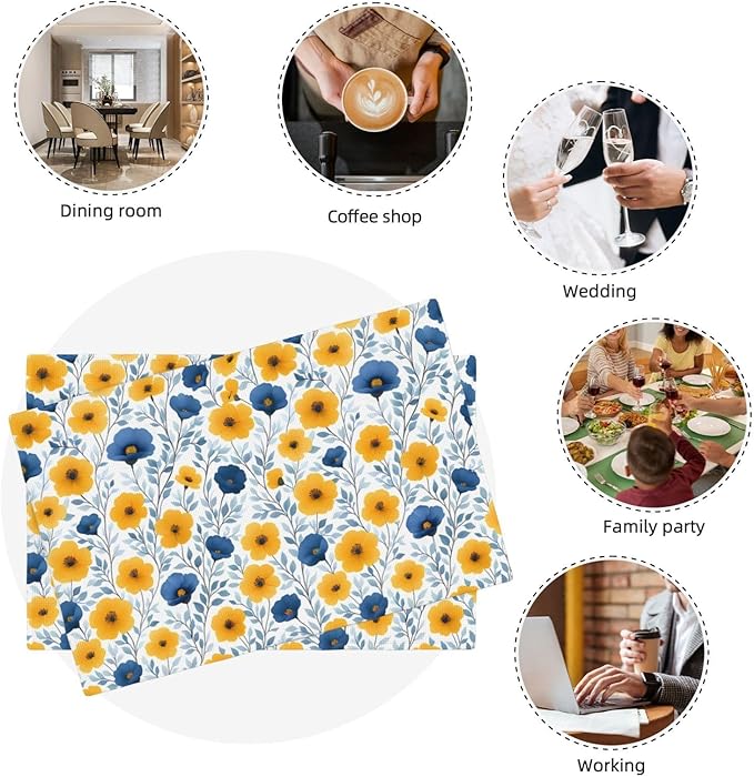 Yellow Blue Floral Linen Placemats Set of 4, Washable Heat Resistant Table Mats for Dining Table Kitchen Holiday Party Farmhouse, Gift for Floral Nature Lovers, Spring Home Decor, 12" x 18" Place Mats