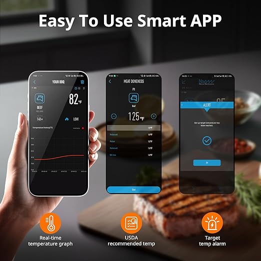 AIRMSEN Wireless Meat Thermometer, 500ft Long Range Cordless Meat Thermometer with Smart LCD Display Standalone Base, High Precision 5.4 Bluetooth with APP & Zirconia Ceramic Handle for BBQ Grill