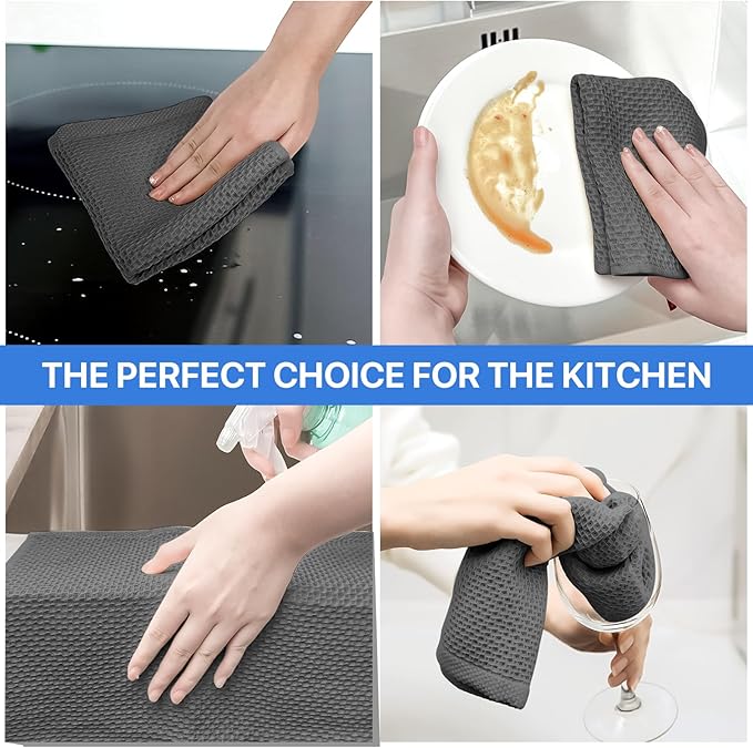 100% Cotton Waffle Weave Kitchen Towels, 8 Pack Dish Cloths for Washing Dishes, Ultra Soft Absorbent Dish Towels, Quick Drying Kitchen Rags, 12x12 Inches, Dark Grey