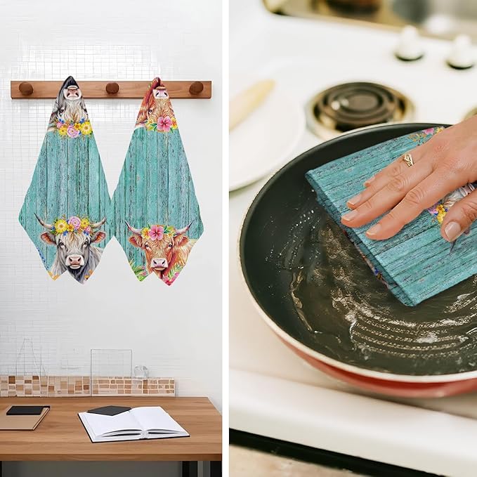 2 Pcs Cow Kitchen Towels, Rustic Flower Soft Absorbent Hand Tea Towel, Microfiber Dish Cloths for Drying Dishes, Waffle Dish Towels for Kitchen Bathroom Decor, Cow Gifts for Women