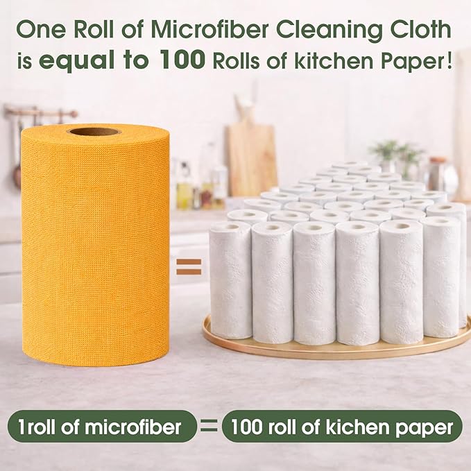 Microfiber Cleaning Cloth Roll–100 Pack, Tear Away Microfiber Towels, Reusable, Washable, Scratch-Free, Kitchen Towels for Car, Home, Kitchen, Glass, Dishes(Tangerine Yellow)