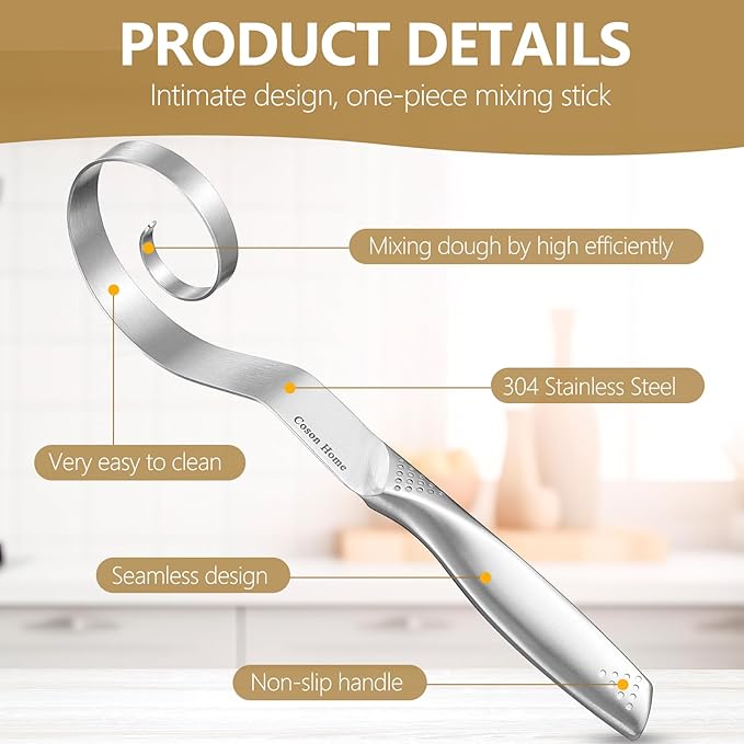 Seamless Danish Dough Whisk Stainless Steel, Hand Mixing Tool for Sourdough Bread Baking, Integrated Design, No Flour Residue Inside The Whisk After Used, A Good Baking Starter