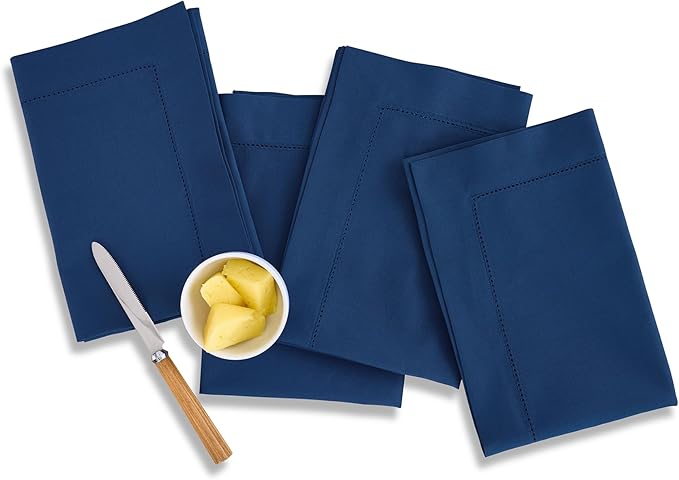 Solino Home Cotton Linen Napkins Set of 4 - Hemstitch Lapis Blue Dinner Napkins Cloth 20 x 20 Inch for Mothers Day - Handcrafted and Machine Washable