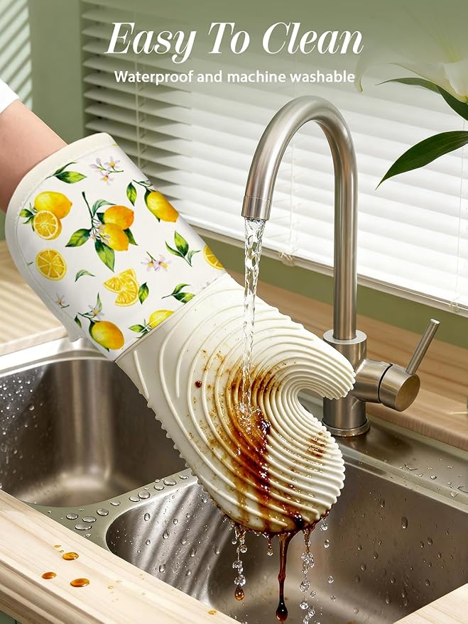 Slohif Long Silicone Oven Mitts Heat Resistant for Women - 2 Pcs Lemon 100% Cotton Oven Gloves, Non-Slip and Waterproof Silicone Oven Mitts with Hanger for Baking and Cooking