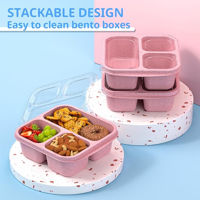 Snack Boxes (3 Pack) - Stackable Bento Boxes with 3 Compartments, Meal Prep Containers Reusable, Lightweight Lunch Containers for Kids and Adults, BPA Free (Pink)