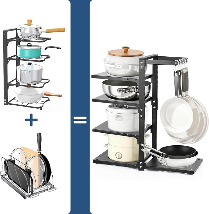 4-Tier Pot and Pan Organizer Rack, Adjustable Kitchen Cabinet Storage with Hooks, Black Metal, Space-Saving Cookware Holder