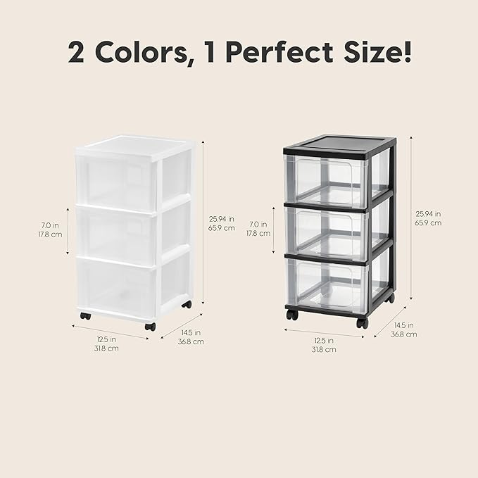 IRIS USA Plastic 3-Drawer Storage Organizer Rolling Cart, with Wheels Casters, 2-Pack, for Classroom Art Supplies Bathroom Dorm Bedroom Laundry Room, Slim Narrow, White/Clear