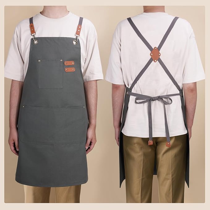 Chef Aprons for Men Women with Large Pockets, Cotton Canvas Water Repellent Kitchen Apron for Cooking