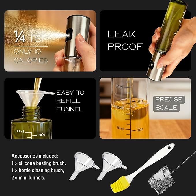 BOKKY Oil Sprayer for Cooking, 2 Pack 100ml Olive Oil Mister for Air Fryer, BBQ & Salad, Refillable 304 Stainless Steel Glass Bottles (Transparent / 2 Pack)