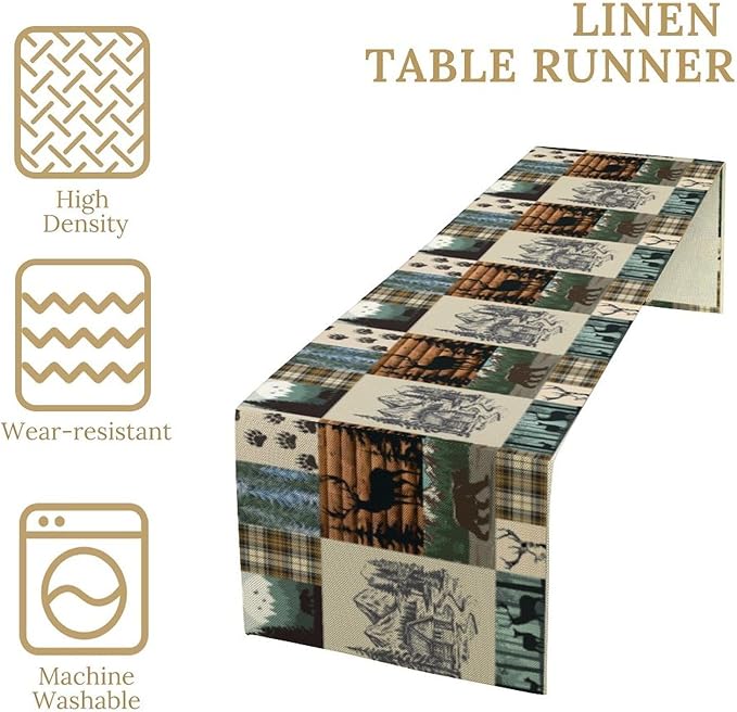 Cabin Bear Deer Table Runner Vintage Rustic Farmhouse Animal Art Printed Dinner Runner for Home Kitchen Dining Table Decor Fabric 1 Panel W13xL60in