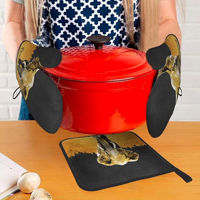 Elephant Oven Mitts and Pot Holders Sets of 3 Black Gold Hot Pads Oven Gloves Heat Resistant Non Slip Washable for Kitchen Cooking Grilling Baking