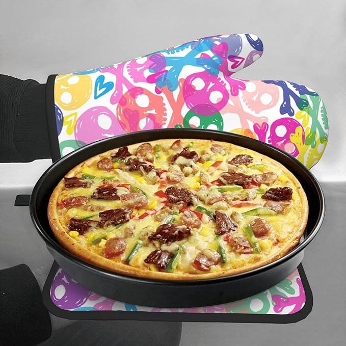 Colorful Skulls Oven Mitts and Pot Holders Heat Resistant Oven Mitts Safe for Baking Cooking BBQ