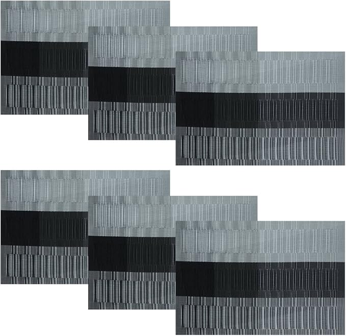 SHACOS Placemats with Table Runner Set of 7 Woven Vinyl Table Mats and Runner for Dining Table Heat Resistant, Ombre Black Gray