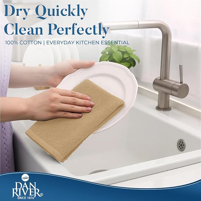 DAN RIVER Kitchen Bar Mops,Pack of 12,16 by 19 Inches,100% Cotton Super Absorbent,Multi-Purpose Cleaning Towels for Home and Kitchen Bars-Tan