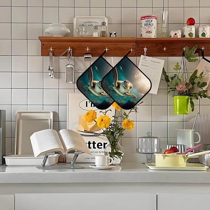Cute Sea Turtle Pot Holders Set of 2,Kitchen Heat Resistant Potholders for Microwave Cooking Baking Oven and BBQ Gifts for Women