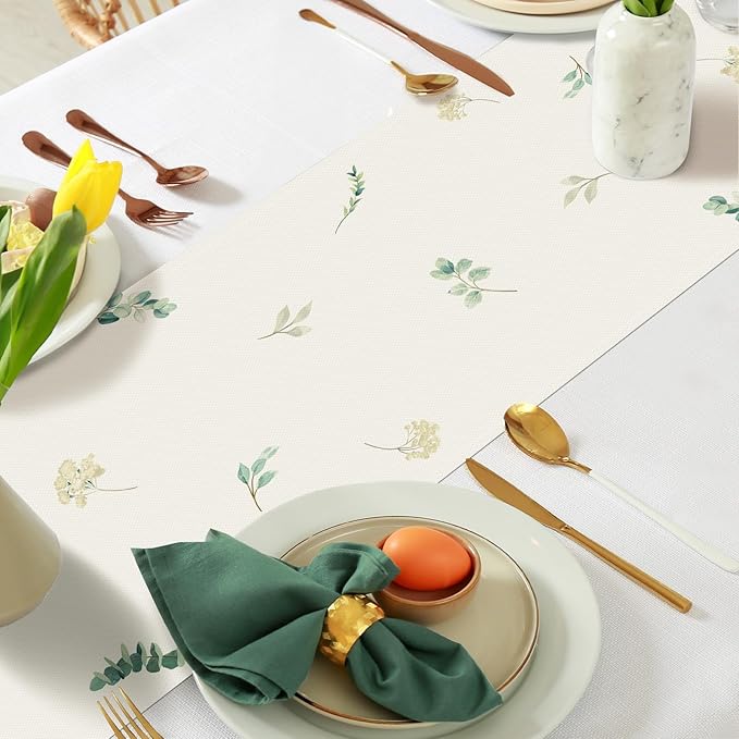 Bonhause Eucalyptus Leaves Table Runner 13x72 Inch Green Plants White Flowers Spring Summer Seasonal Holiday Kitchen Dining Table Decoration for Indoor Outdoor Home Party Decor