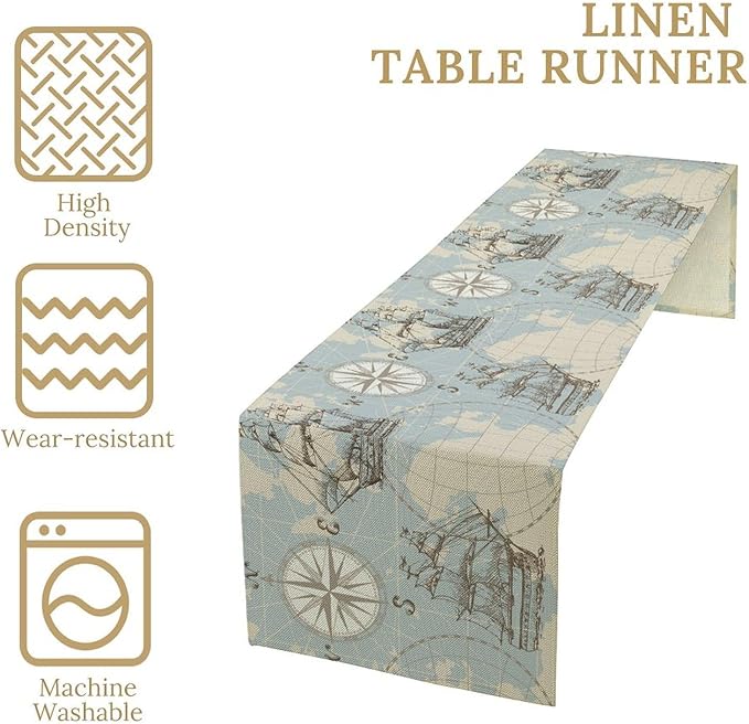Nautical Table Runner Vintage Map Sailboat Art Printed Runner for Home Kitchen Dining Table Living Room Decor Fabric 1 Panel W13xL120in