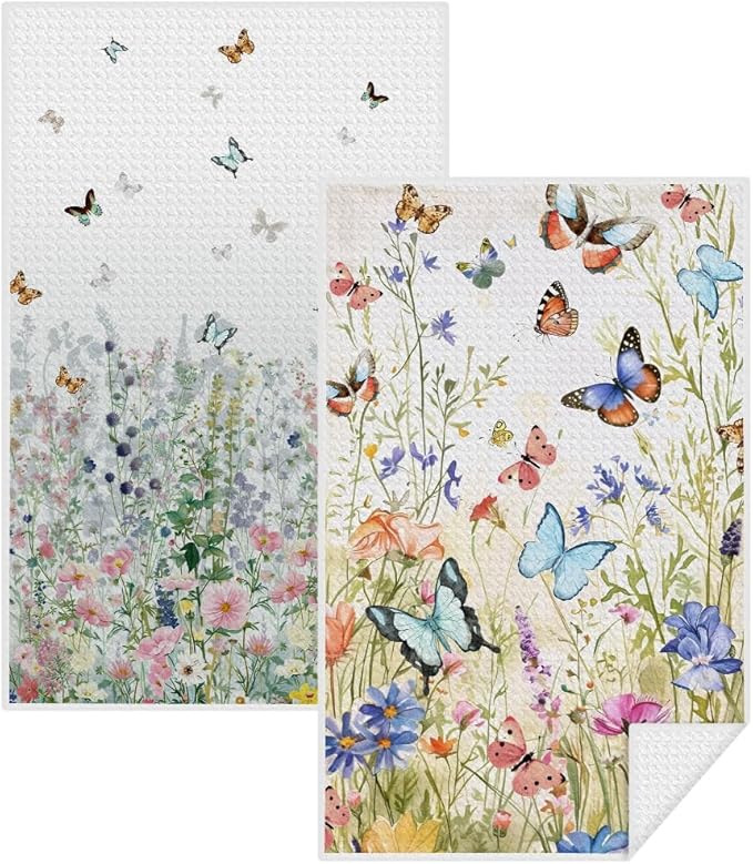 Jztco 2Pcs Butterfly Kitchen Towels, Floral Tea Towel Decorative Reusable Dish Hand Towels Butterfly Gifts for Cleaning Drying Women Mom Housewarming Gifts 14 x 24 Inch Kitchen Home Decor