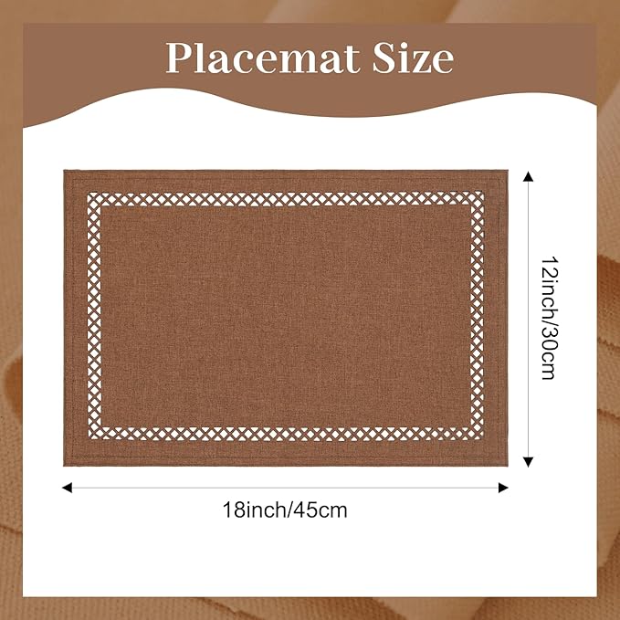 Linen Cloth Placemats Set of 4, HADEEONG 12 x 18 Inch Hollow Edge Place Mats Washable Heat Resistant Placemats Cloth Table Mats for Dining Table Home Decor (Brown, 4)