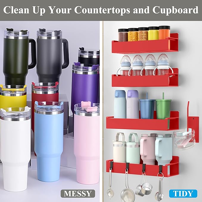 HuggieGems Magnetic Water Bottle Holder for Refrigerator, Cup Holder Organizer for Stanley and Tumbler for Kitchen, 4 Pack, Red