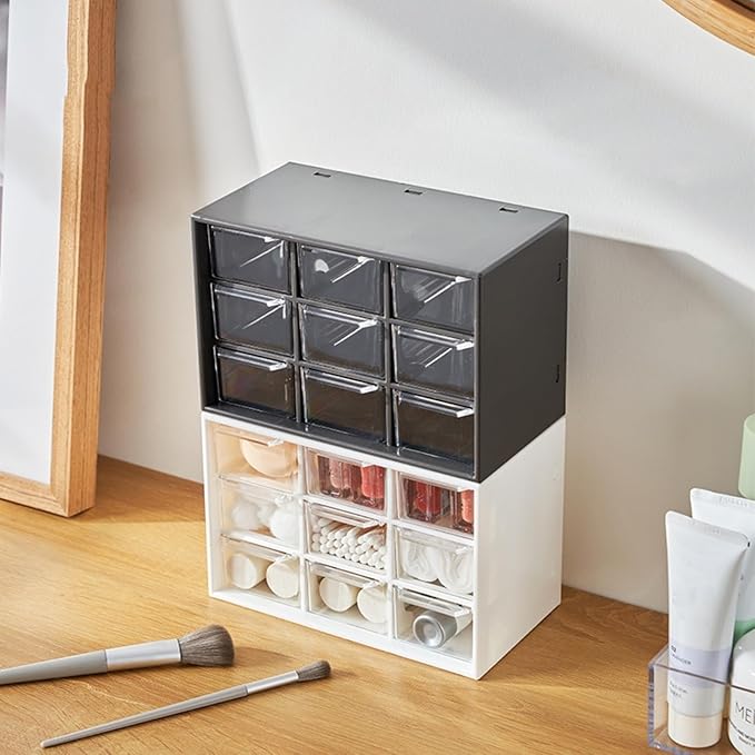 Feadily 2PCS Small Drawer Organizer for Desk, Desktop Drawer Organizer with 9 Clear Drawers, Plastic Desktop Storage Drawers 7.1 Inch x 3 .9 Inch x 4.7 Inch, Black