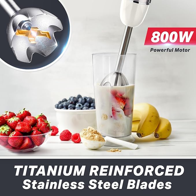 Mueller Multistick 800W 4-in-1 Immersion Blender Handheld, 12 Speed Hand Mixer - Turbo Boost, Heaviest Duty Copper Motor, Titanium Blades Hand Blender, Milk Frother Wand, Whisk, Beaker, Chopper, White
