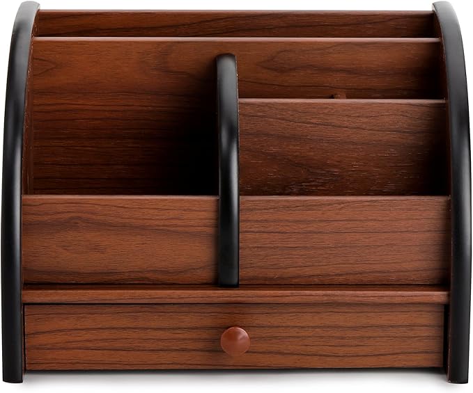 Foraineam Wooden Desk Organizer with Drawer, Remote Control Holder Caddy, Makeup Organizers, Wood Pencil Holder Desktop Supplies and Stationery Rack for Home Office School Tabletop Accessories Storage