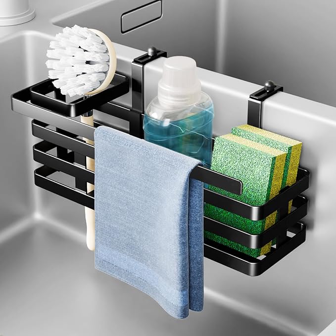 NiHome Over Sink Divider Sponge Holder for Sponges, Brushes & Accessories, Multi-Compartment Storage Caddy for Double Sinks, Fast Drainage Adjustable Kitchen Sponge Organizer, Easy to Install & Remove