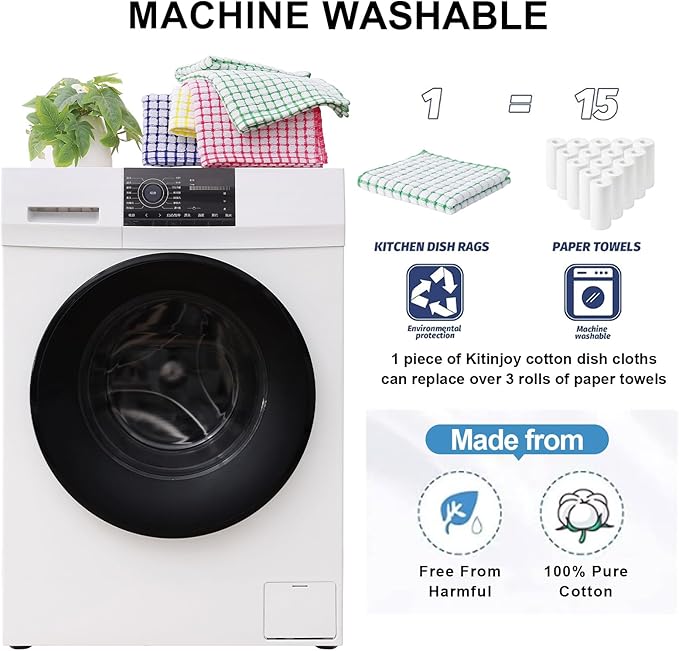 Kitinjoy Cotton 12 Pack Kitchen Towels and Dishcloths Sets, 16 x 25 Inch & 12 X 12 Inch Dish Towels Bulk, Super Soft and Absorbent Hand Towels for Kitchen Drying, Green