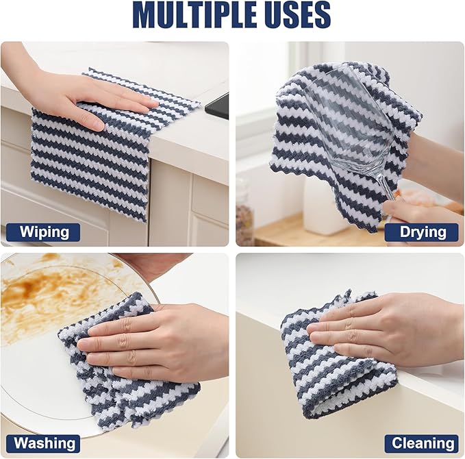 Homaxy 12 Pack Kitchen Dish Cloths, Ultra Soft and Absorbent Dish Towels, Reusable Fast Drying Microfiber Cleaning Cloth, Coral Velvet Wave Design No-lint, 7 x 9 inches, Dark Grey