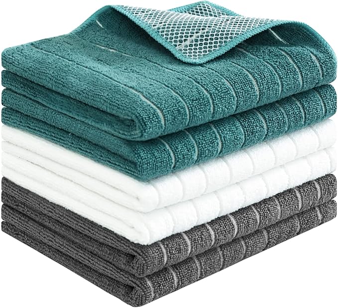 PY HOME & SPORTS Microfiber Kitchen Dish Towels 6 Pack- 17 x 25” Super Absorbent Kitchen Hand Dish Cloths with Upgraded Mesh Design, Lint Free & Quick Drying (Grey/White/Teal)