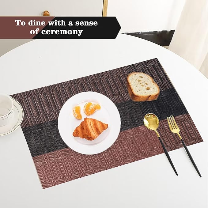 Black Brown Placemats Set of 2 - Heat Resistant Non-Slip Place mats for Dining Table, Washable Durable PVC Vinyl Woven Table Mats (Black Brown, 2)