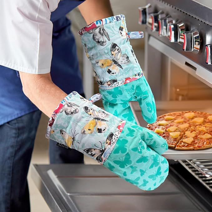 Alselo Oven Mitts, Heat Resistant with Soft Quilted Cotton Lining Set of 2, Fashion Design with Silicone Printing Anti-Slip Kitchen Gloves, Safe Backing Cooking Barbecue (Turquoise, Butterfly)