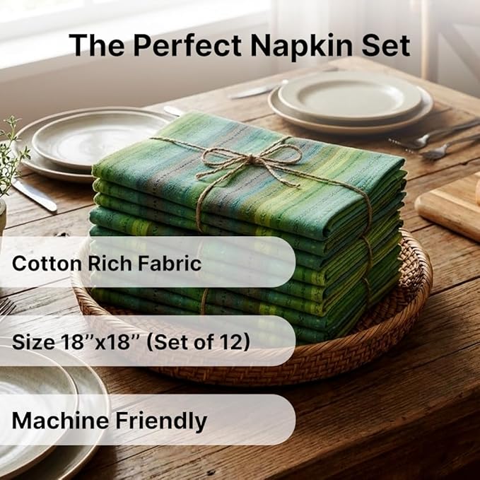 LFH Home Cotton Rich Cloth Salsa Napkin Set of 12 Washable Soft Durable Striped Table Napkins for Dining Wedding Daily Use Reusable Eco-Friendly Fabric Napkins for Elegant Settings(18x18)-Lime Multi