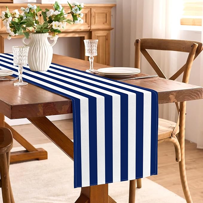 Navy Blue and White Striped Table Runner Nautical Theme Birthday Party Decoration Wedding Dining Room Home Kitchen Table Decor (13" x 72")