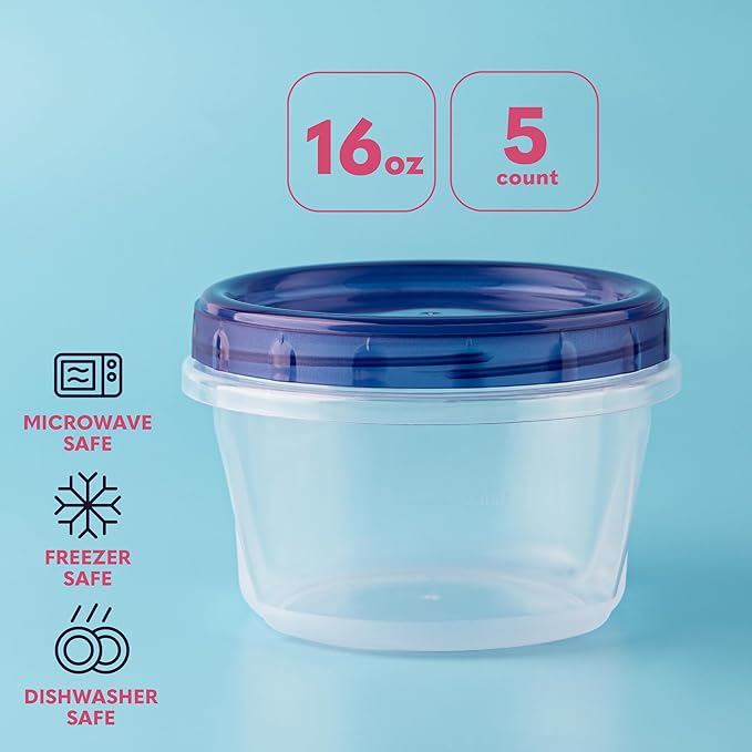Plastic Food Deli Containers With Twist Top Lids - (16 Oz) - [5 Pack] - Food Storage Containers Takeout To Go - Microwave, Freezer & Dishwasher Safe BPA-Free