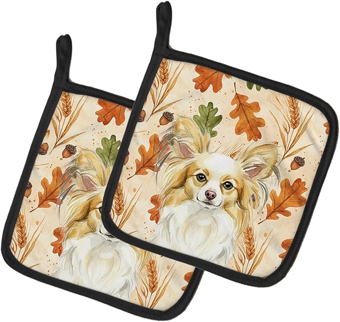 Caroline's Treasures Lemon and White Papillon Heirloom Fall Pair of Pot Holders Pair 7.5x7.5 Quilted Insulated Hot Pads Decorative Kitchen Gift Made in USA