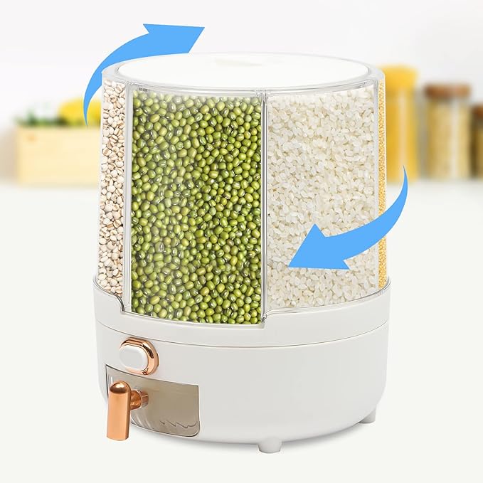 Large Cereal Containers Storage Rotating Rice Dispenser Dry Food Dispenser with 6 Compartments Kitchen Grain Storage Container Holder for Rice and Beans (White+Clear)