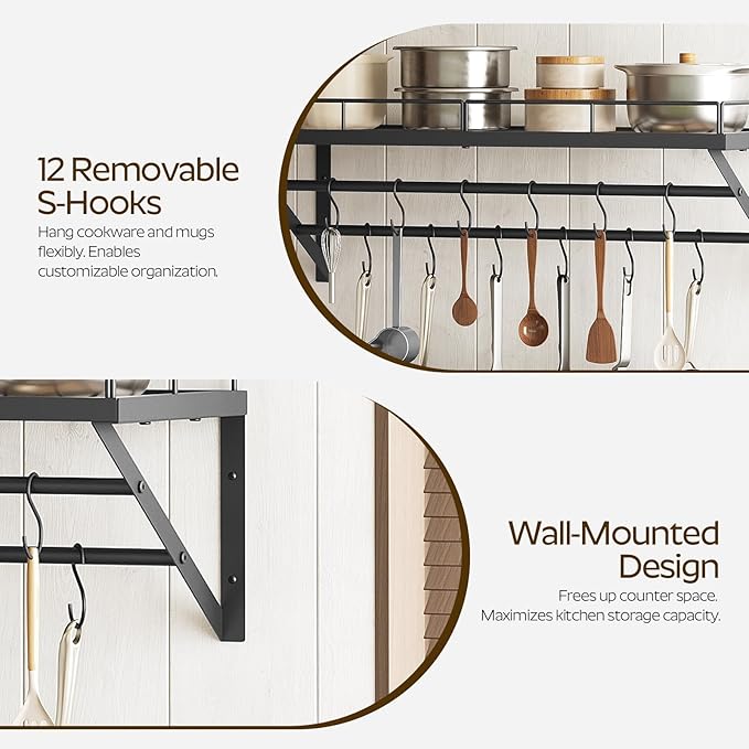 YATINEY Pot Rack, 30 Inch Wall Mounted Pot Rack, Kitchen Pot and Pan Organizer with 2 Tier Hanging Rails, 12 S-Hooks, Space Saving, for Kitchen Cookware Organizer, Black PR02BK
