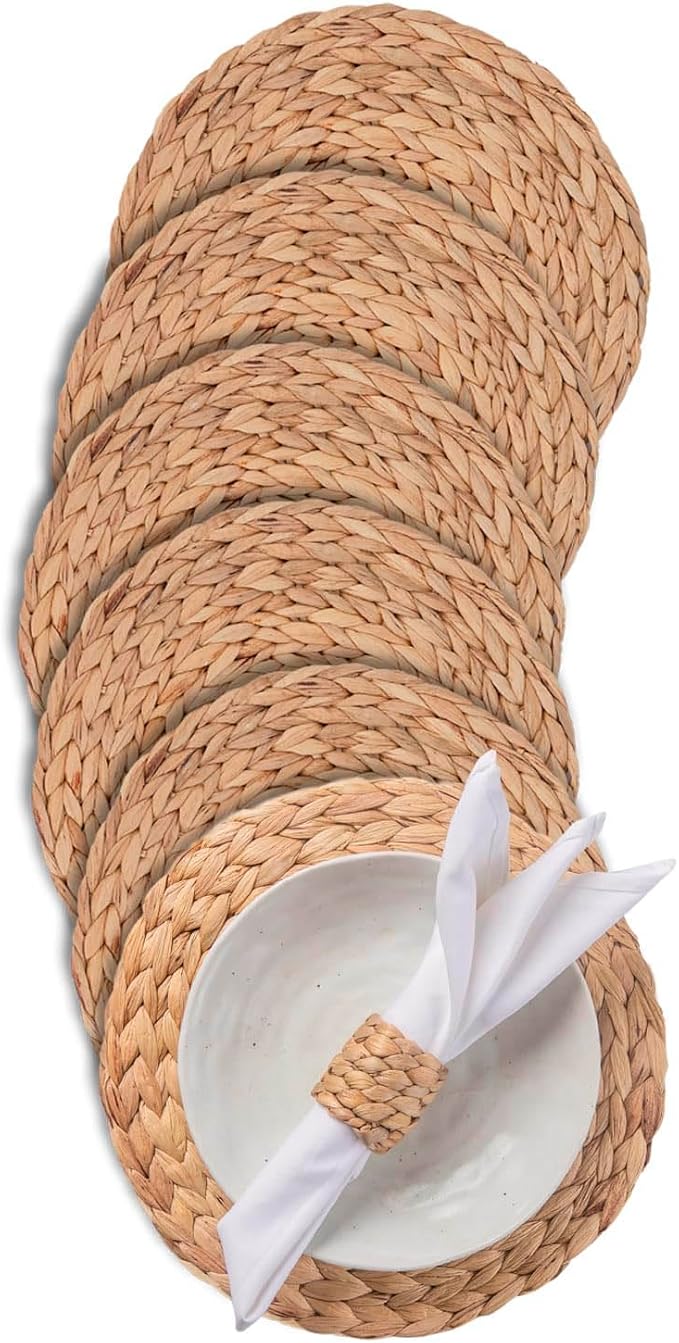 Laquedecraft 13.8" Set of 6 Round Water Hyacinth Placemats | Boho Woven Rattan Table Mats | Farmhouse Wicker Spring Plate Chargers Like Water Hyacinth, Seagrass for Wedding, Party, Christmas, Events